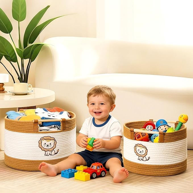 Large Blanket Basket 35L Cotton Rope Basket with Wooden Handles Woven Baskets for Kids Babies and Toddlers Stuffed Toys Storage for Nursery, Laundry Hamper Baby Hamper Boys Gift Baskets Empty