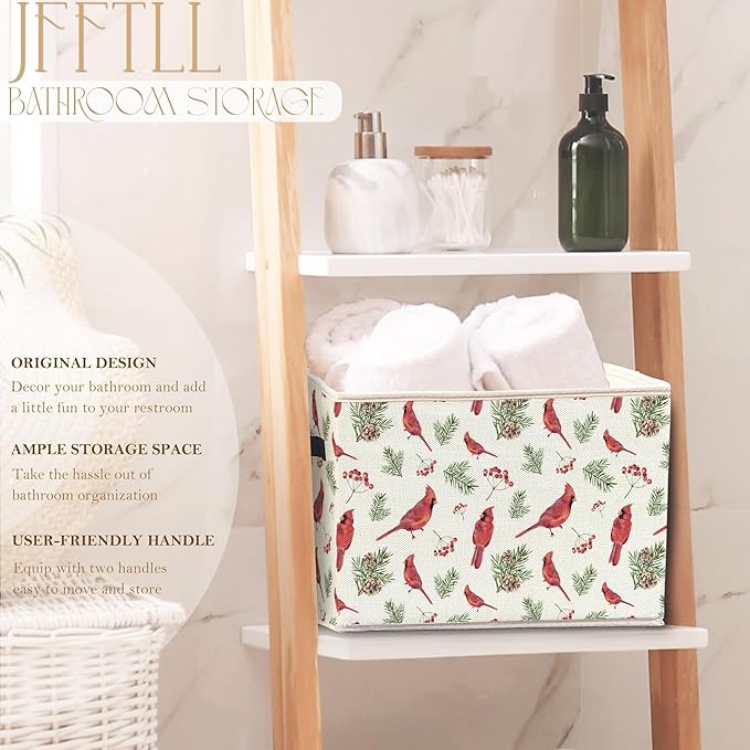 Cardinal Christmas Storage Bins with Handles, Cardinal Lovers Gifts, Winter Red Berry Bird Botanical Collapsible Laundry Basket Storage Box for Home Bedroom Bathroom Clothes Toys Books