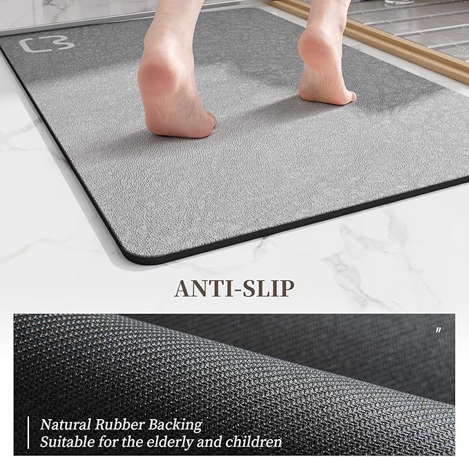 Grey Bath Mat 17" x 59" Extra Long Bathroom Mat Large Fast Dry Super Absorbent Non-Slip Rubber Backed Shower Mat Bath Rugs Mats for Bathroom Floor, Tub, Shower, Sink, Gray