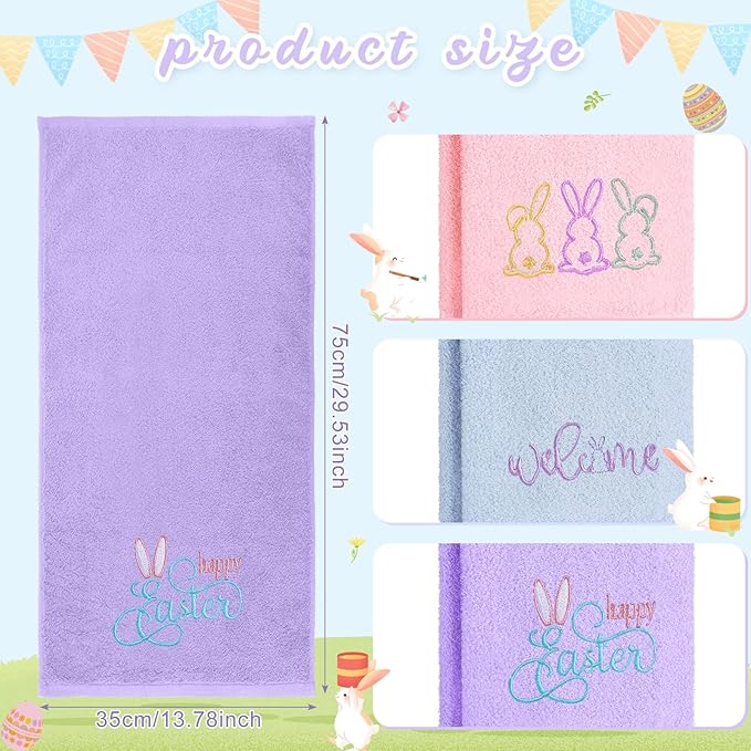 3 Pack Easter Hand Towels 13.4 x 29.2 Inch Cotton Embroidered Happy Easter Bunny Bathroom Towel Absorbent Decorative for Hand Drying Cleaning Gift