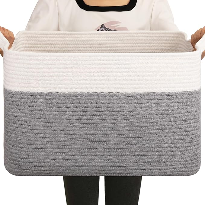OIAHOMY Large Storage Basket, Cotton Rope Woven Blanket Basket, Toy Bin for Baby Room, Container for Blanket Storage in Living Room, 20''×16''×12'', Grey & White