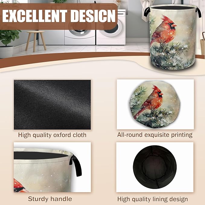 Winter Red Cardinal Bird Laundry Basket, Laundry Hamper Waterproof Oxford Cloth Tote Collapsible,Clothes Storage Bucket Decorative Toy Organizer For Bathroom Bedroom 16" x 20.8"