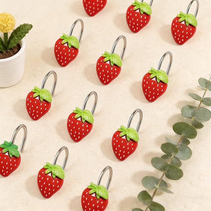 12-Piece Strawberry Shower Curtain Hooks, Decorative Resin Fruit Shower Curtain Rings, Suitable for Bathroom Decor, Compatible with Standard Shower Curtain Rods