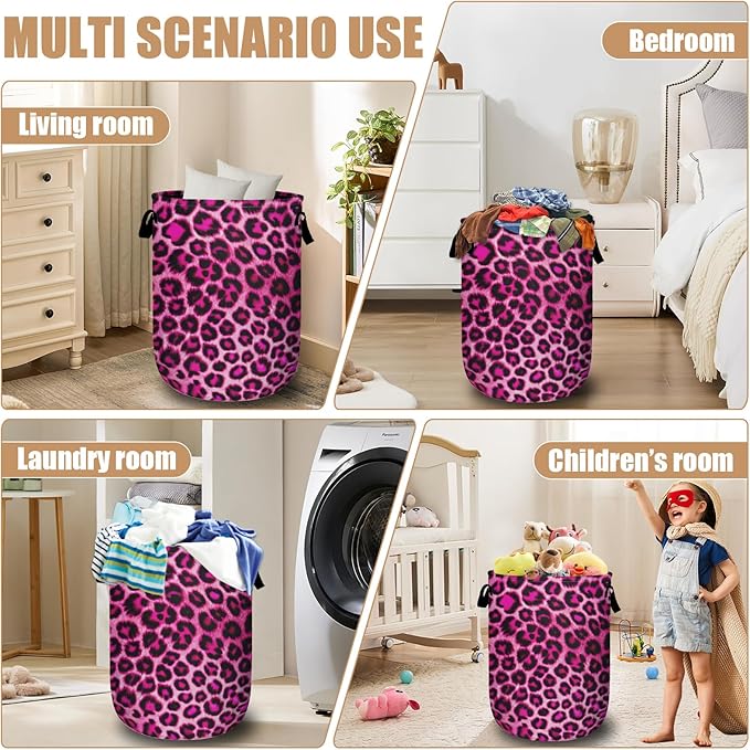 Pink Leopard Print Laundry Basket, Foldable Animal Skin Laundry Hamper Tote Bag Dirty Clothes Storage Bucket Toy Organizer for Bathroom/Laundry/Bedroom 15.7"x19.6"
