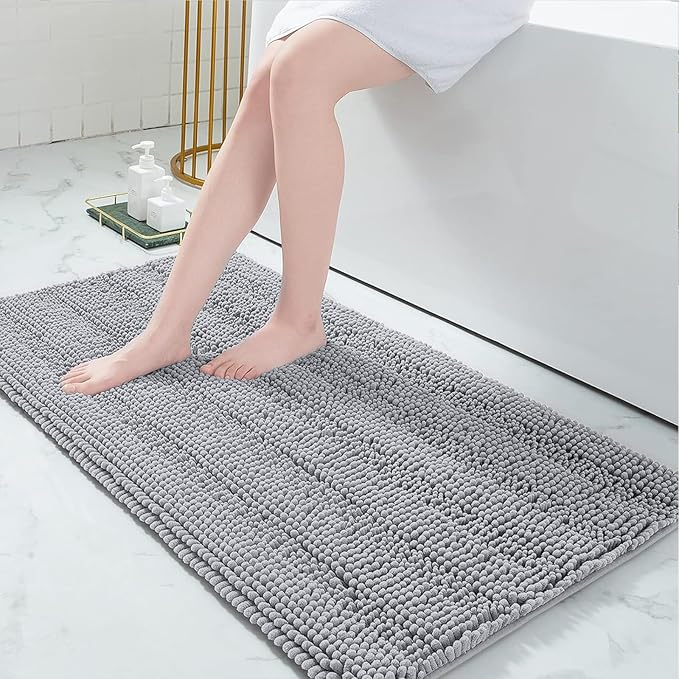 Grandaily Chenille Striped Bathroom Rugs 47x24, Extra Thick and Absorbent Bath Mats, Non-Slip Soft Plush Shaggy Shower Carpet, Machine Wash Dry, Bath Rug for Bathroom, Light Grey