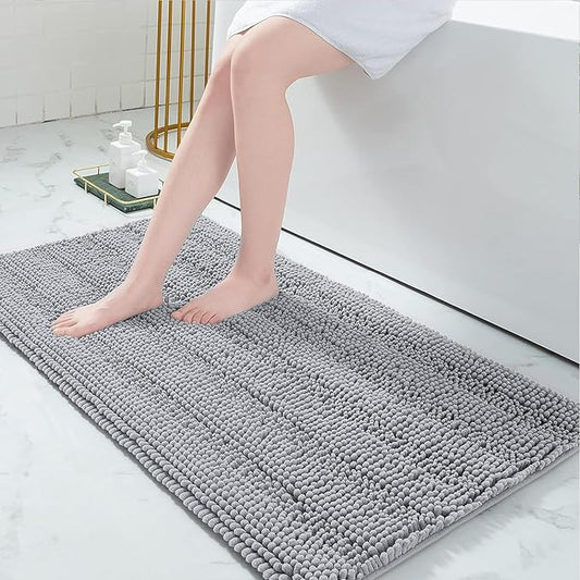 Grandaily Chenille Striped Bathroom Rugs 47x24, Extra Thick and Absorbent Bath Mats, Non-Slip Soft Plush Shaggy Shower Carpet, Machine Wash Dry, Bath Rug for Bathroom, Light Grey