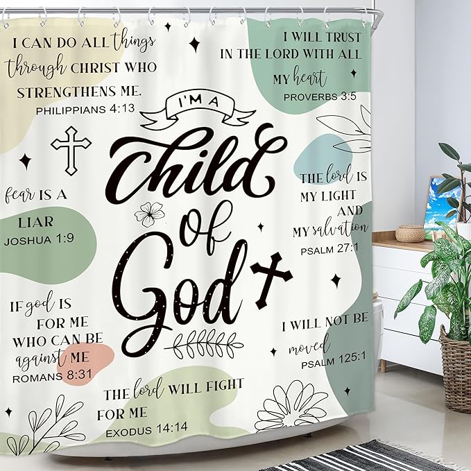 Homewelle Sage Green Abstract Bible Verse Shower Curtain Scripture Christian Boho Mid Century Inspirational Quotes 60Wx72H Inch Modern Minimalist Geometric Waterproof Polyester Fabric Bathroom Bathtub