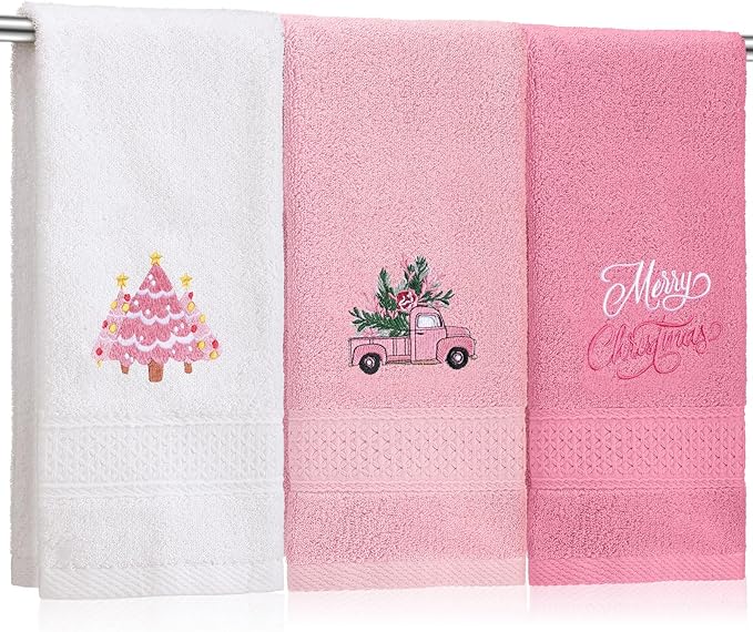 3 Pcs Pink Christmas Hand Towels for Bathroom Merry Christmas Xmas Tree Embroidered Cotton Bathroom Towels Decorative for Kitchen Dish Fast Drying Decor, 13.78 x 29.53 Inch