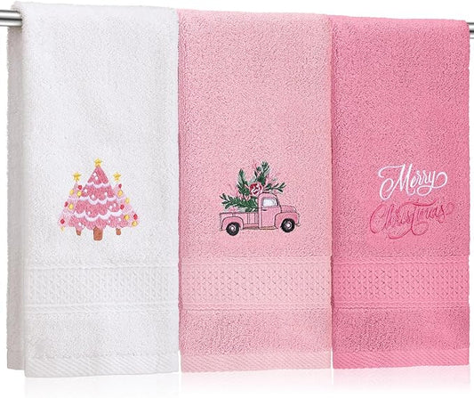 3 Pcs Pink Christmas Hand Towels for Bathroom Merry Christmas Xmas Tree Embroidered Cotton Bathroom Towels Decorative for Kitchen Dish Fast Drying Decor, 13.78 x 29.53 Inch
