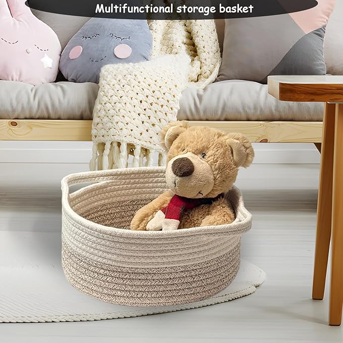 COMFY HOMI Small Woven Gift Baskets with Handles, Gift Bags and Ribbons - Cotton Rope Storage Basket for Organizing, Dog Toy Basket Box, Gift Baskets Empty, Mother’s Day-φ11X5 Inch,（white/brown）