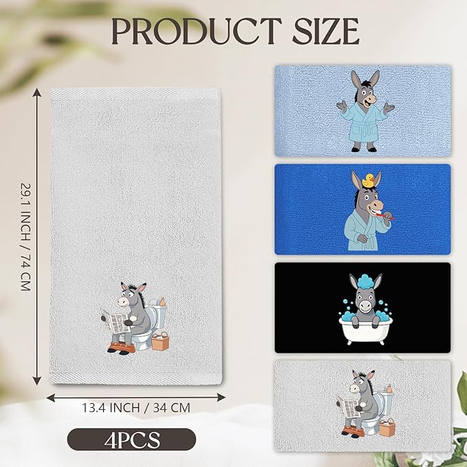 4 Pcs Funny Donkey Hand Towels Embroidered - 29" x 13.3" Soft Cotton Bathroom Towel Set, Funny Farmhouse Decor with Donkey, Light Blue Hand Towels for Kitchen Cute Bathroom Decor Housewarming Gift