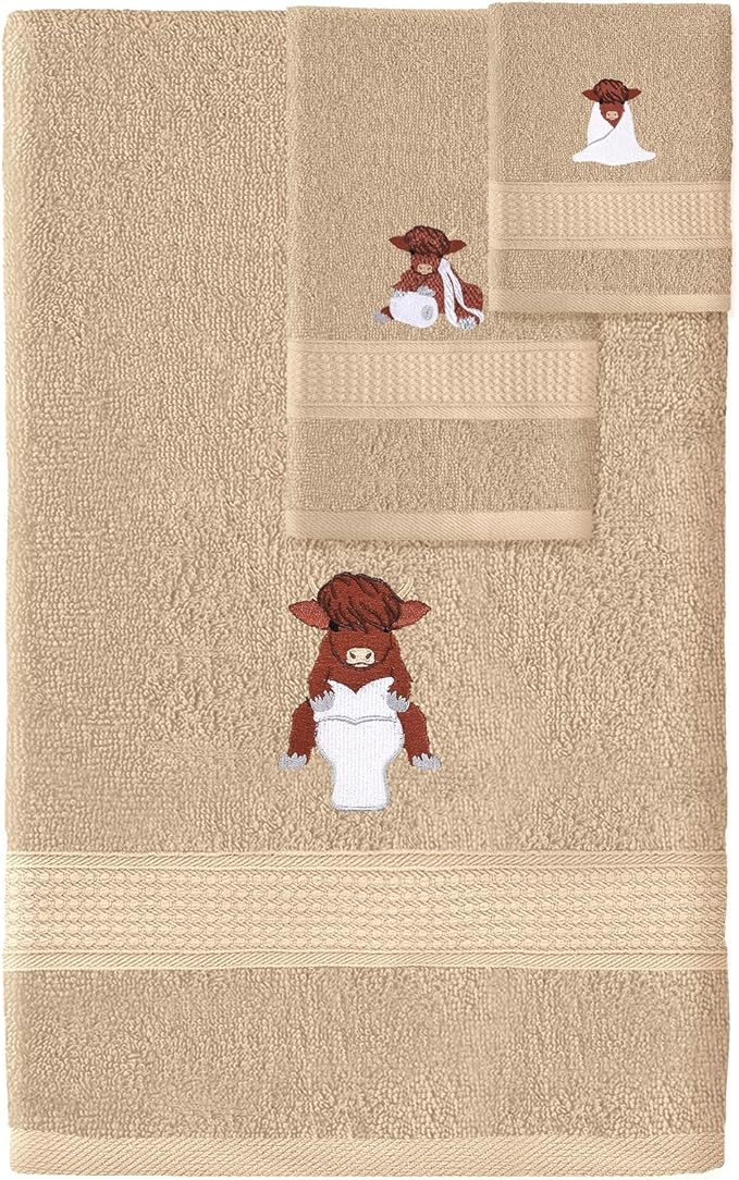 3 Pcs Highland Cow Bathroom Towel Set Farmhouse Embroidered Highland Cow Towels Vintage Decorative 100% Cotton Bath Towel Highly Absorbent Funny Decor Set for Bathroom