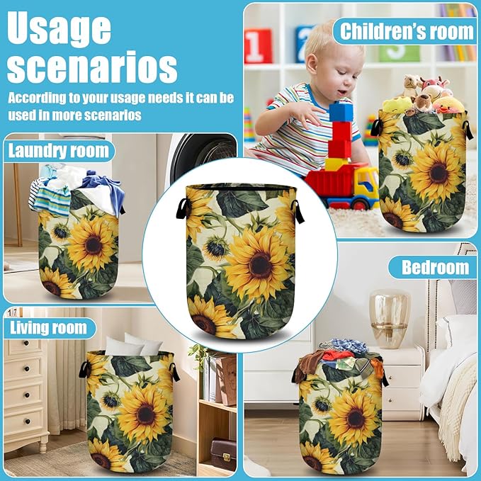 Retro Sunflower Laundry Basket, Floral Laundry Hamper Collapsible Oxford Cloth with Handle Clothes Toy Storage Bin for Bathroom Laundry Room Bedroom 15.7 X 20 Inch