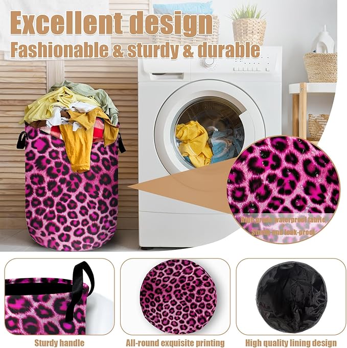 Pink Leopard Print Laundry Basket, Foldable Animal Skin Laundry Hamper Tote Bag Dirty Clothes Storage Bucket Toy Organizer for Bathroom/Laundry/Bedroom 15.7"x19.6"