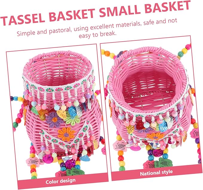 Boys and Girls Basket Weaving Tassel Backpack Ethnic Pack Basket Nursery Storage Boys and Girls