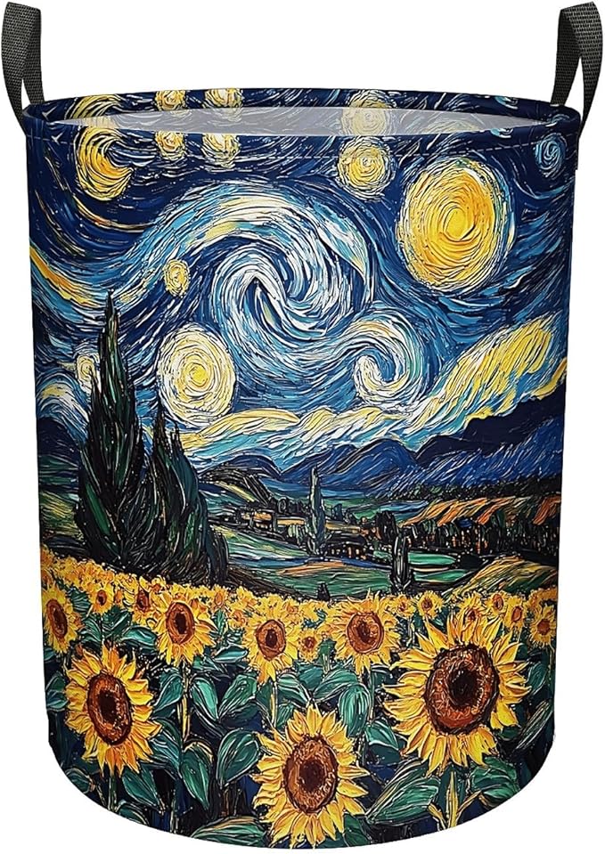 Laundry Hamper Night Sky Sunflowers, Large Canvas Collapsible Organizer Laundry Storage Basket for Nursery,Office,Toy Organizer,Home,Decor - 19.7" X 15.7 "