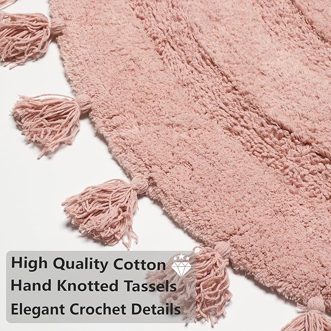 Half Circle Boho Rug with Tassels for Bedroom Extra Soft Cotton Blush Pink Bath Rugs Beautiful Handcrafted Crochet Boho Bathroom Rugs Non-Slip Absorbent Washable Cute Bath Mat for Bathroom Home Decor