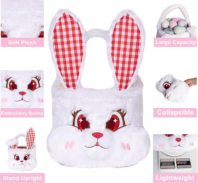 LUBOT Easter Basket for Kids 3D(9inch*9inch) Plush Bunny Baskets with Foldable Ears Egg Hunts bucket for Boys and Girls Easter Decoration Bag Gift, White
