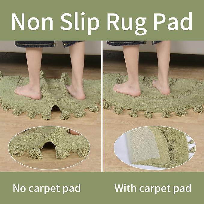 Half Circle Boho Bathroom Rugs with Tassels 100% Cotton Hand-Woven Bath Mat Non Slip Absorbent Bath Rugs with Rug Pad Washable Boho Bath Mat Carpet for Tub, Shower 20"x32",Sage Green