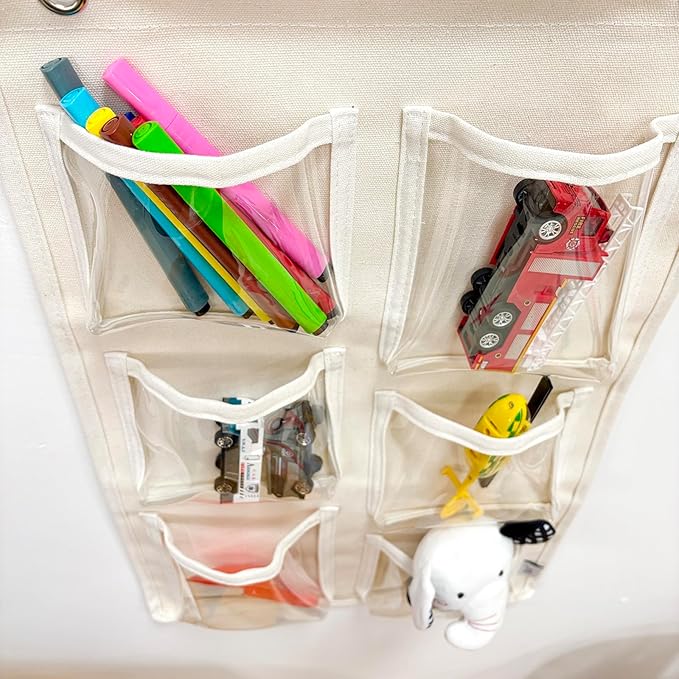 Beige Canvas Wall Organizer: 6 Clear Pockets for Mail & Supplies + 2 Hooks, Multi-Purpose Hanging Storage for Home or Office