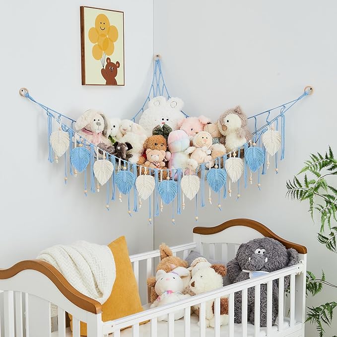 Pretty Jolly Macrame Stuffed Animal Hammock with Beads Hand Woven Leaf Tassels Corner Hanging Net Boho Plush Holder for Toys Kid Room Nursery Decor Easy Install Organizer for Girls Gift(Light Blue)