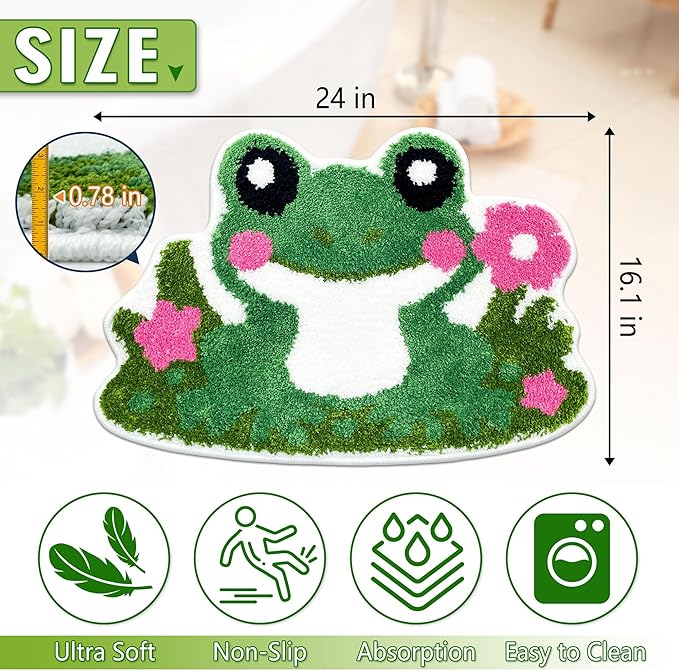 Hexagram Cute Frog Small Bath Mat 16×24 Inch, Frog Decor for Home Gift, Cute Bathroom Rugs, Green Pink Non Slip Soft Washable Irregular Animal Shaped Rug for Tub, Bathtub, Shower Room, Bedroom, Door