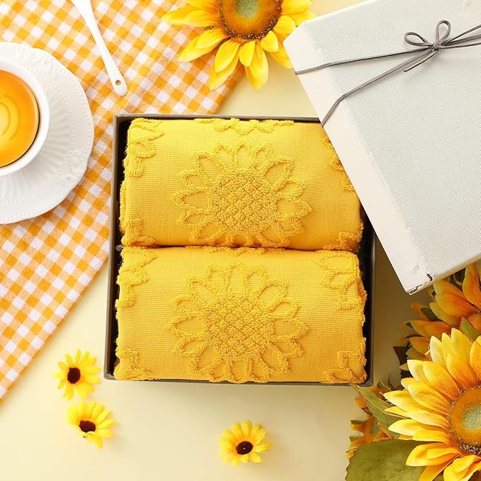 2 Pcs Sunflower Hand Towels for Bathroom 100% Cotton Jacquard Weave Bath Towel Set Soft Absorbent Dish Washcloth for Bathroom Kitchen Summer Theme Gifts 13.8 x 29.5 Inch (Yellow)