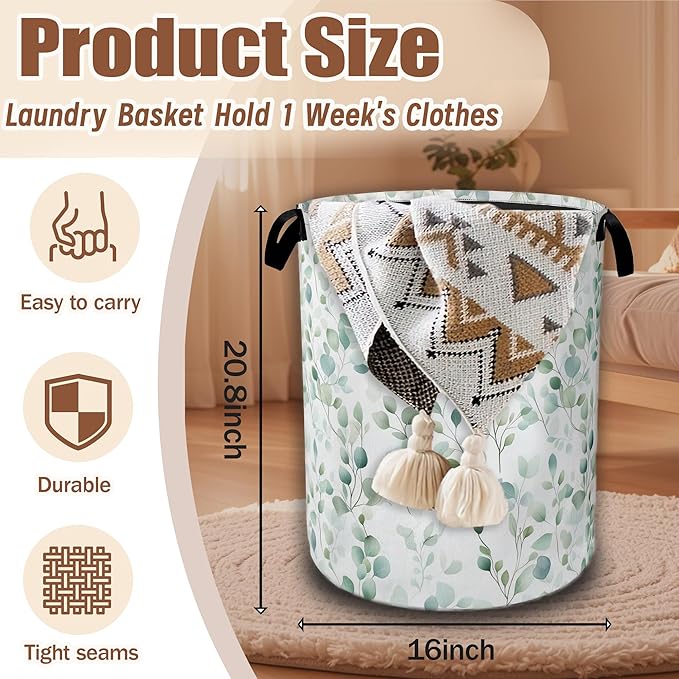 Green Floral Leaves Laundry Hamper,Tropical Plant Laundry Baskets,Waterproof Oxford Cloth Toy Storage for Bedroom,Bathroom,Nursery,16x20.8 Inch