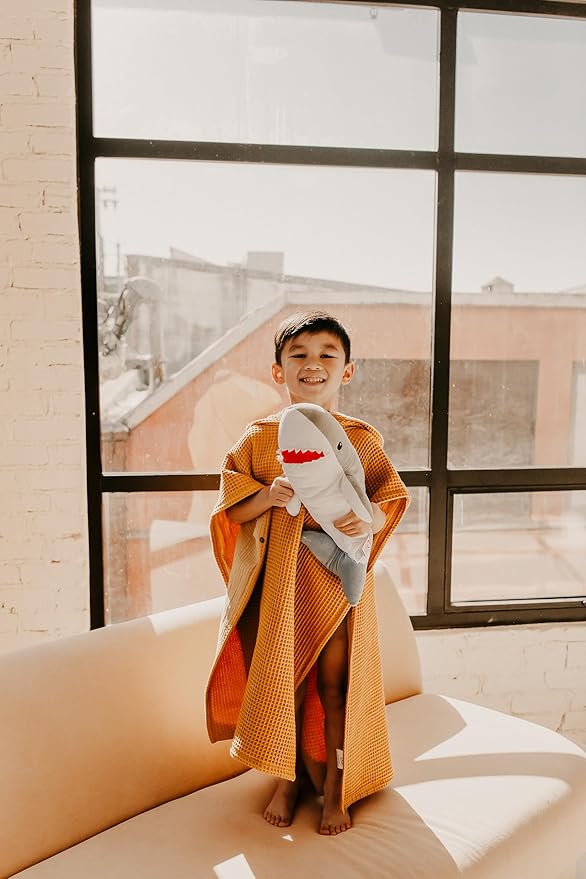 Jade&Kai Hooded Towel for Kids | Snaps into a Poncho | Organic Cotton Waffle | Lightweight and Absorbent | Bath, Beach, and Pool | Multiple Colors | (Large (6-10 Yrs), Mustard Seed)