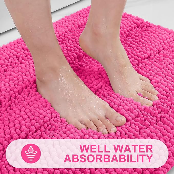 Grandaily Chenille Striped Bathroom Rugs 24x16, Extra Thick and Absorbent Bath Mats, Non-Slip Soft Plush Shaggy Shower Carpet, Machine Wash Dry, Bath Rug for Bathroom, (Small, Deep Pink)