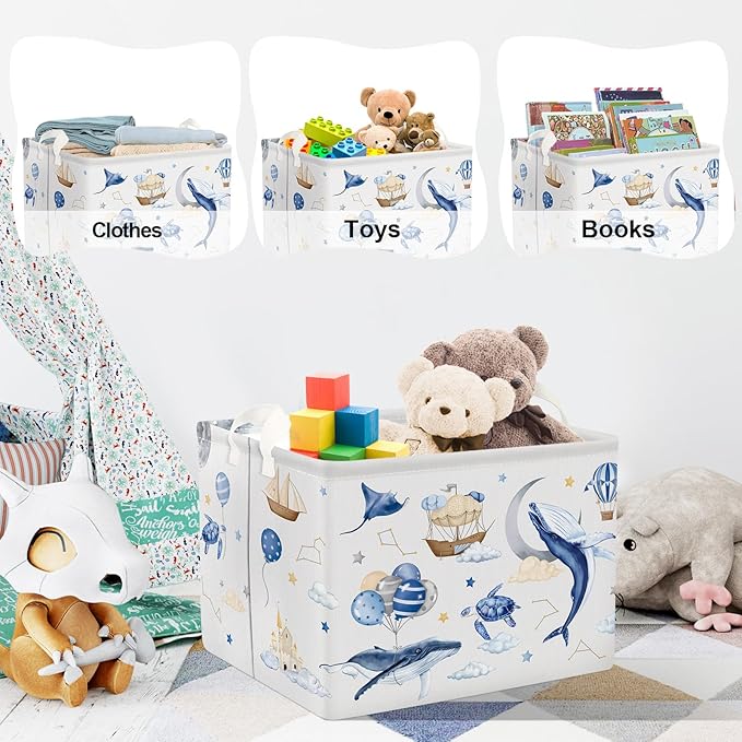 Clastyle Flying Whales Turtle Baby Storage Basket Large Sea Animal Boy Girl Book Gift Toy Bin Collapsible Bedroom Kid Clothes Nursery Hamper