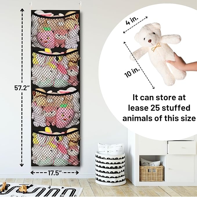 Ofiray-home Over The Door Stuffed Animal Storage, Cotton Toy Organizer for Storage Plush Toys, Stuffed Animal Holder with 4 Large Pockets, Hanging Door Organizer for Nursery, Bedroom (Black)
