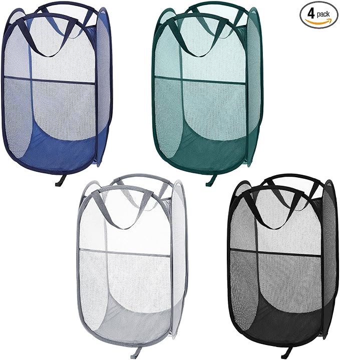 4 Pcs Foldable Mesh Popup Laundry Hamper, Handy Laundry Basket with Easy Carry Handles and Side Pocket Durable Clothes Storage for Bathroom Kids Room Dorm Travel
