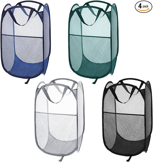 4 Pcs Foldable Mesh Popup Laundry Hamper, Handy Laundry Basket with Easy Carry Handles and Side Pocket Durable Clothes Storage for Bathroom Kids Room Dorm Travel