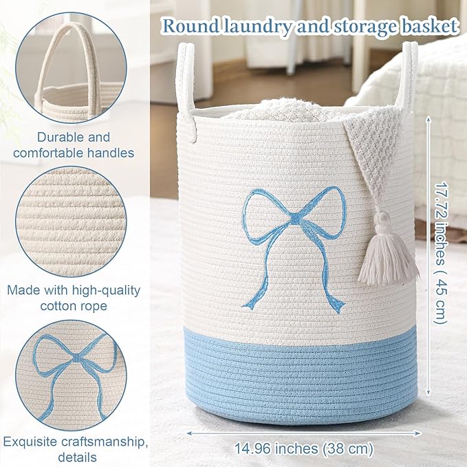 Honeydak Blue Laundry Basket Bow Hamper Coquette Laundry Basket Cotton Rope Blue Hamper 15 x 17.7 Inches Toy Box Large Coquette Bow Teens Girls Room Storage for Blanket Toys Clothes Organization