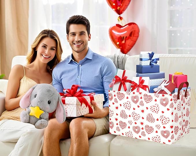 Large Valentine's Day Basket Heart Shaped Storage Bin for Gifts Collapsible Organizer Room Decor (Leopard Print Line Love)