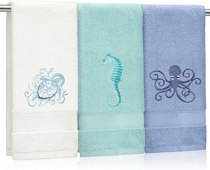 3 Pack Coastal Hand Towels for Bathroom 100% Cotton Embroidered Bathroom Towels 13.78 x 29.53 Inch Beach Hand Towels Soft Absorbent Cotton Towel (White, Blue Gray, Teal Aqua,Sea)
