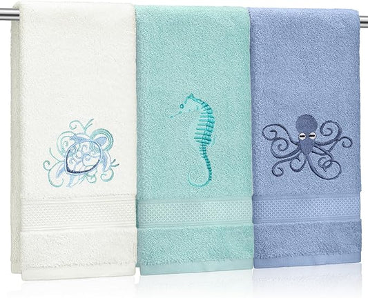 3 Pack Coastal Hand Towels for Bathroom 100% Cotton Embroidered Bathroom Towels 13.78 x 29.53 Inch Beach Hand Towels Soft Absorbent Cotton Towel (White, Blue Gray, Teal Aqua,Sea)