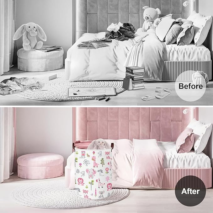 Clastyle Cute Forest Animal Laundry Basket Elephant Lion Kids Clothes Book Storage Basket Gift Toy Box for Bedroom Decor,Pink,36x45 cm