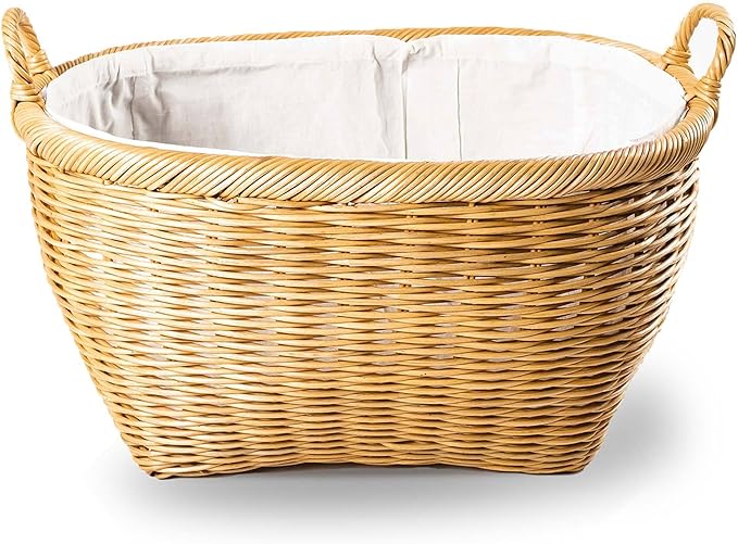 The Basket Lady Oval Wicker Laundry Basket, 25 in L x 19 in W x 14 in H (17 in overall H), Sandstone