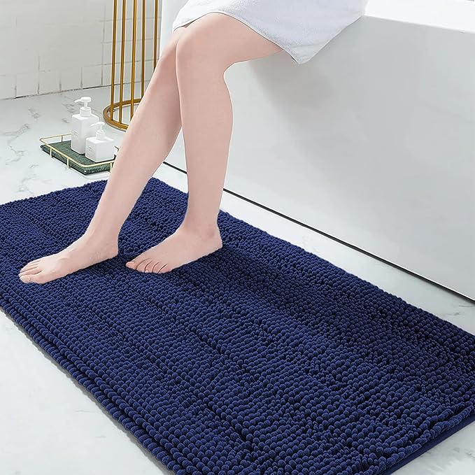 Grandaily Chenille Striped Bathroom Rugs 59x24, Extra Thick and Absorbent Bath Mats, Non-Slip Soft Plush Shaggy Shower Carpet, Machine Wash Dry, Bath Rug for Bathroom, Navy