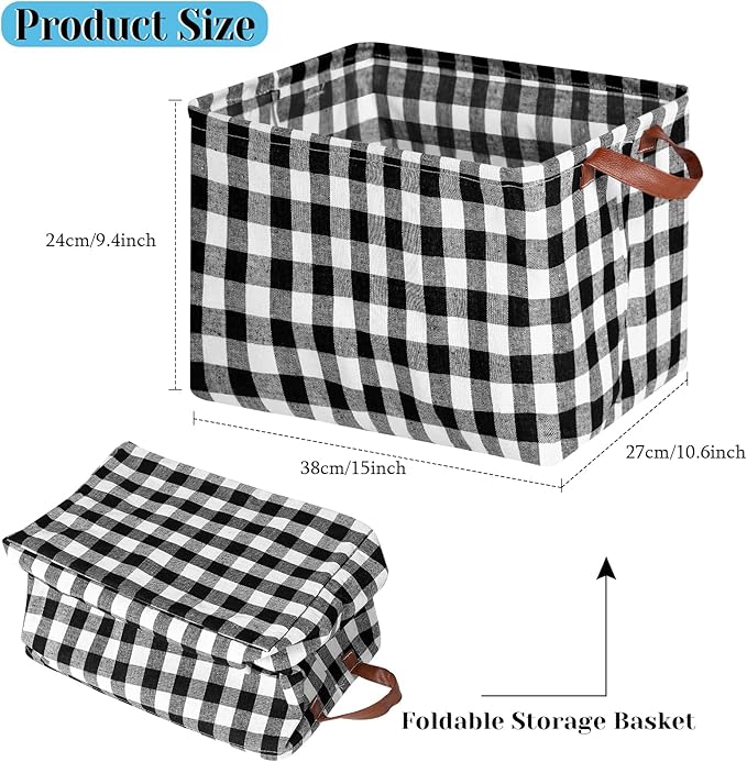 Boao 4 Pcs Buffalo Plaid Storage Baskets Black and White Bins Large Checkered Fabric Box with Handle Household Foldable Organizer Containers for Bathroom Bedroom(Simple Style)