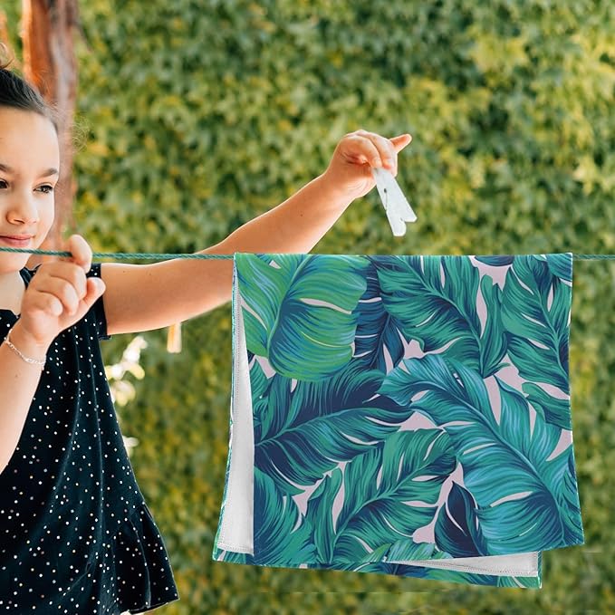 2 Pcs Tropical Blue Green Leaves Hand Towels for Bathroom,Soft Absorbent Palm Banana Leaf Botanical Dish Towels for Kitchen,Quick Dry Decorative Bathroom Towels for Face,Hair,Shower 14"x28"