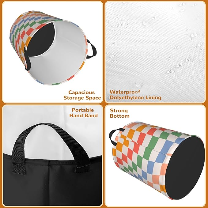 Checkered Laundry Basket,Colorful Retro Wavy Foldable Laundry Hamper Waterproof Oxford Cloth Tote Bag,Clothes Storage Bucket Decorative Toy Organizer For Bathroom Bedroom 16" x 20"