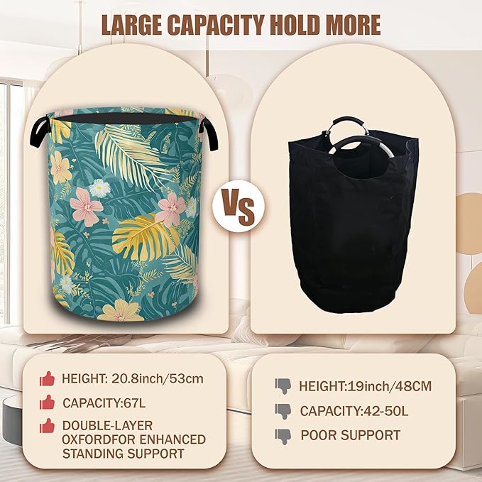Hawaiian Laundry Hamper, Tropical Palm Leaves Collapsible Laundry Baskets Waterproof Oxford Cloth With Handles,Clothes Storage Bucket Toy Organizer For Bathroom/Nursery/Bedroom 16" x 20.8"