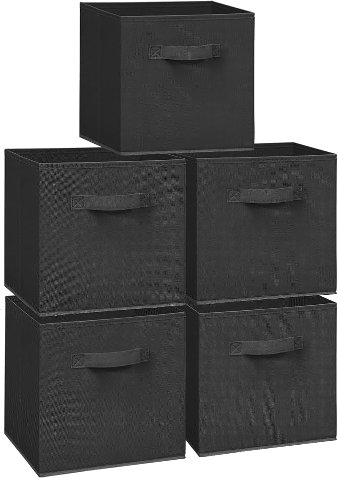 Easi 11 inch Cube Storage Bins, 5 Storage Cube Organizer, Collapsible Fabric storage cubes with Handles, Closet Storage Basket For Organization, Shelf Basket For Shelves Clothes Books, Black