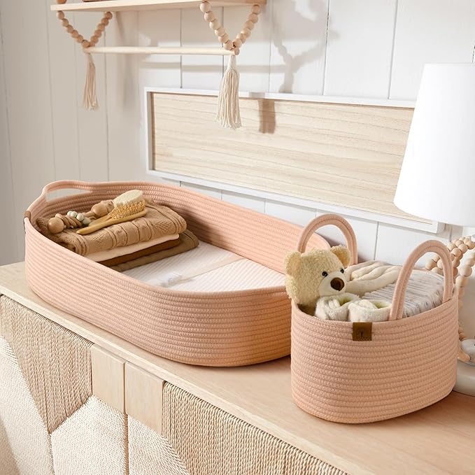 Baby Changing Basket Includes Diaper Caddy - Soft & Waterproof Dual-Cover, Portable, Changing Pad for Dresser & Changing Table, Gift for Baby Shower, Organic Cotton Rope