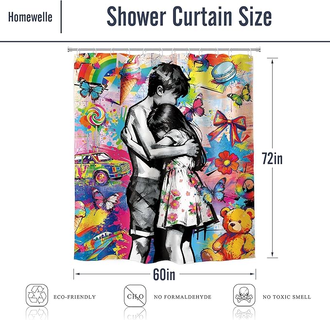 Homewelle Abstract Graffiti Shower Curtain Colorful Funny Toy Bear Floral Flower Butterfly Sweetness Boy Girl Hug Candy Sweet Creative 60Wx72H Inch Cartoon Waterproof Polyester Fabric Bathroom Bathtub