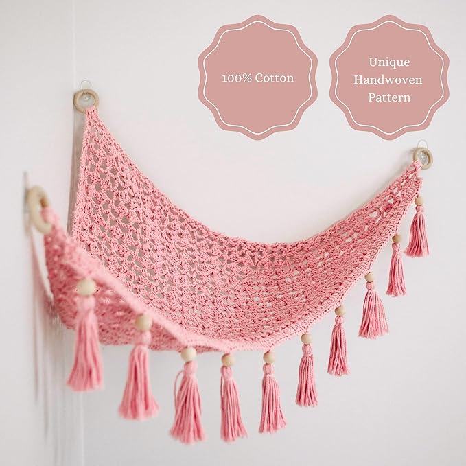 Macrame Toy Hammock for Stuffed Animals - Plushie Toy Hammock for Baby Girl Nursery Decor, Plush Hammock, Stuffy Hammock, Hanging Stuffed Animal Organizer, Sweet Pink