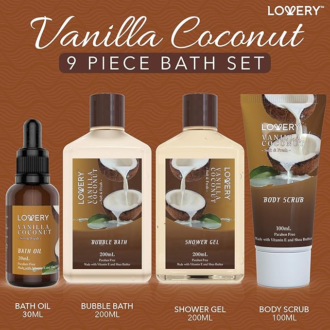 Gifts For Women Gift Basket for Women– 9 Piece Set of Vanilla Coconut Home Spa Set, Luxurious Valentines Day Gifts for Her, Bath and Body Sets Includes Fragrant Lotions, Large Bath Bombs, Coconut Oil